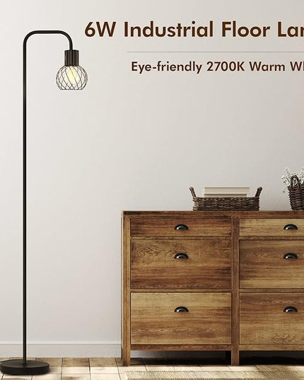 Floor Lamp, Industrial Floor Lamp for Living Room, Modern Standing Lamp with 6W LED Bulb, Foot Switch, Minimalist Pole Lamp Vintage Farmhouse Stand Up Lamps for Bedroom, Office, Book Nook,Black - LeafyLoom