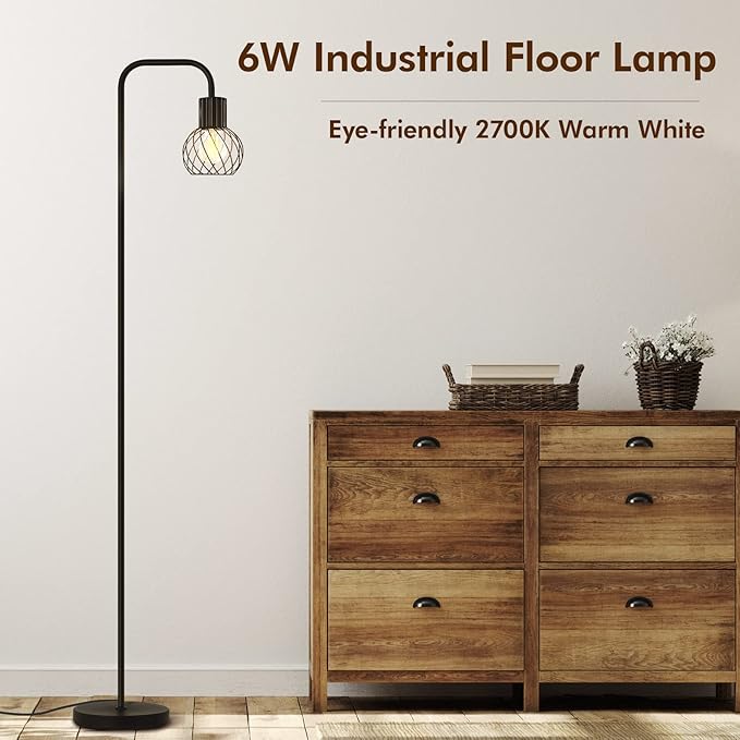 Floor Lamp, Industrial Floor Lamp for Living Room, Modern Standing Lamp with 6W LED Bulb, Foot Switch, Minimalist Pole Lamp Vintage Farmhouse Stand Up Lamps for Bedroom, Office, Book Nook,Black - LeafyLoom
