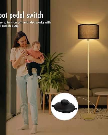 BoostArea Gold Floor Lamp Standing Lamp, 9W LED Floor Lamps with 3 Color Temperatures, Simple Tall Lamp with Linen Lampshade, On/Off Footswitch, Pole Lamps for Living Room, Bedroom, Office, Black - LeafyLoom