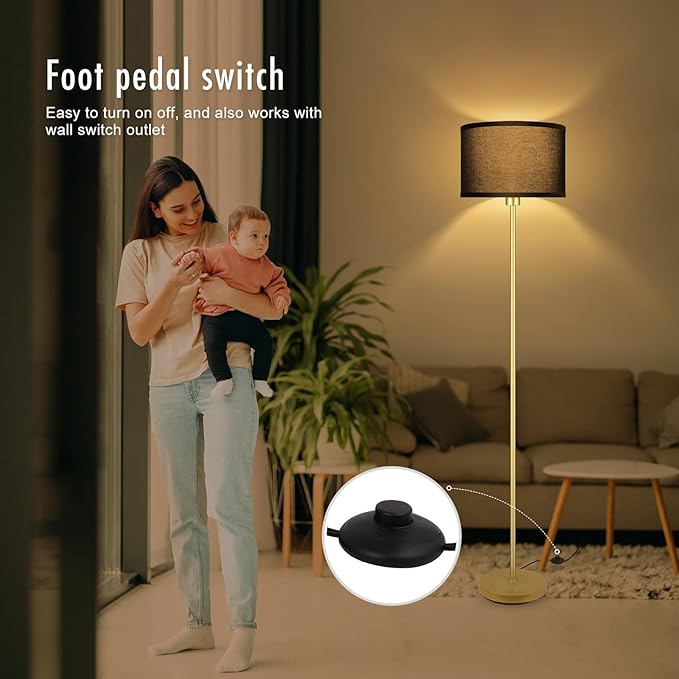 BoostArea Gold Floor Lamp Standing Lamp, 9W LED Floor Lamps with 3 Color Temperatures, Simple Tall Lamp with Linen Lampshade, On/Off Footswitch, Pole Lamps for Living Room, Bedroom, Office, Black - LeafyLoom
