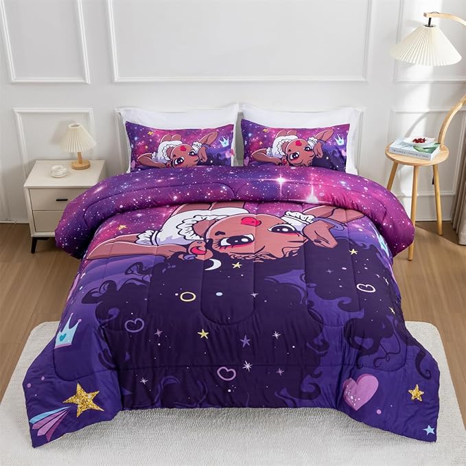 NTBED African American Black Girl Comforter Set Galaxy Afro Girl Microfiber Bedding Sets Full Size - LeafyLoom