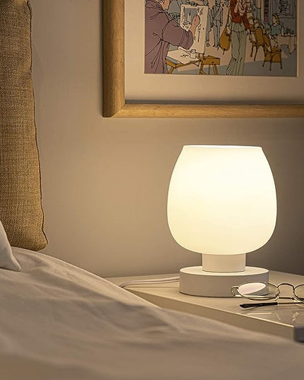 Touch Bedside Table Lamp Set of 2 - Small Modern Table Lamp for Bedroom Living Room Nightstand, 3-Way Dimable Desk lamp with White Opal Glass Lamp Shade, 2700K LED Bulb, Simple Design Home Decor - LeafyLoom