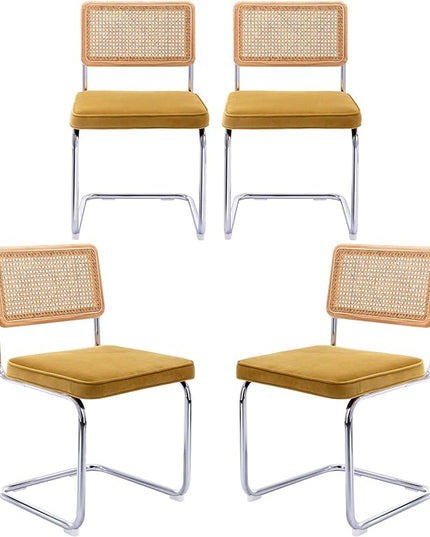 Zesthouse Rattan Dining Chairs 4pcs, Velvet Accent Chairs with Natural Cane Back & Stainless Chrome Base, Modern Mid Century Breuer Designed Chairs, Upholstered Kitchen Dining Room Chairs - LeafyLoom