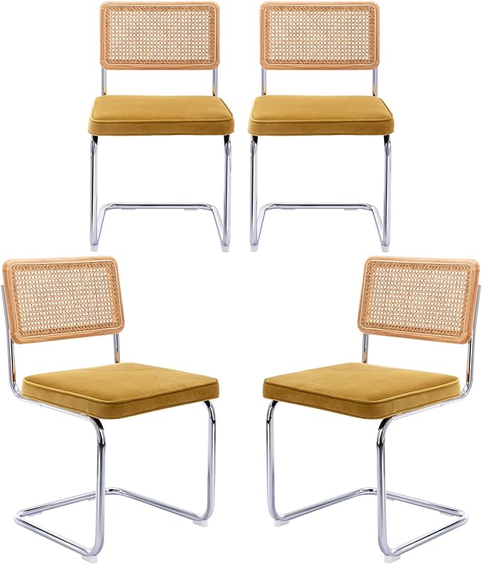 Zesthouse Rattan Dining Chairs 4pcs, Velvet Accent Chairs with Natural Cane Back & Stainless Chrome Base, Modern Mid Century Breuer Designed Chairs, Upholstered Kitchen Dining Room Chairs - LeafyLoom