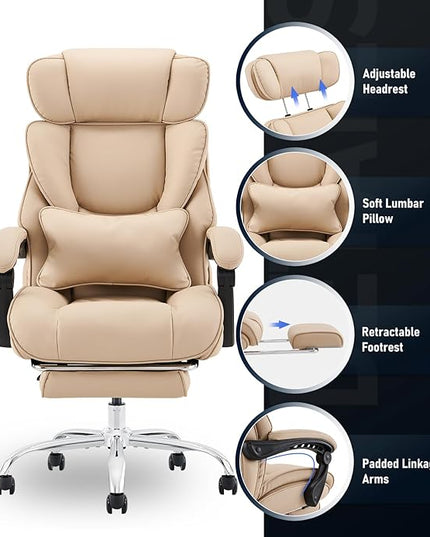 Office Chair with Footrest-Ergonomic Desk Chair with Adjustable Headrest and Lumbar Support Pillow, High Back Executive Computer Chair, Large Home Office Work Chair with Wide Seat for Comfort-Khaki - LeafyLoom