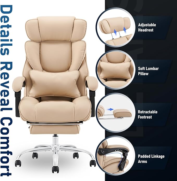 Office Chair with Footrest-Ergonomic Desk Chair with Adjustable Headrest and Lumbar Support Pillow, High Back Executive Computer Chair, Large Home Office Work Chair with Wide Seat for Comfort-Khaki - LeafyLoom