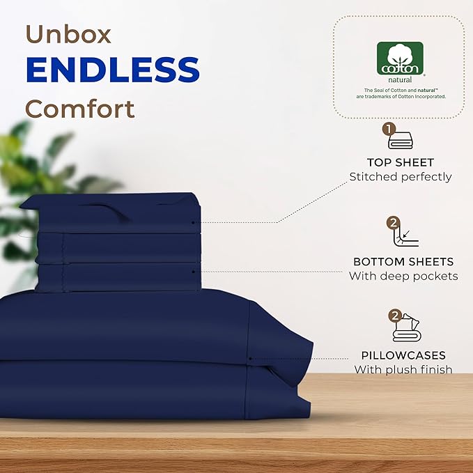 THREAD SPREAD 100% Egyptian Cotton Split King Sheets Sets for Adjustable Bed - 600 Thread Count 5 PC Top Split King Sheets, 16" Deep Pocket Cooling Sheets for Split King Adjustable Bed - Navy Blue - LeafyLoom