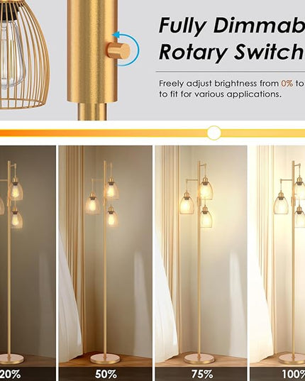 Gold Floor Lamp, Dimmable Industrial Floor Lamp Farmhouse Floor Lamps for Living Room with Cages 70'' Tall Lamp Modern Floor Lamp Standing Lamp for Bedroom Office Living Room 3 LED Bulbs Included - LeafyLoom