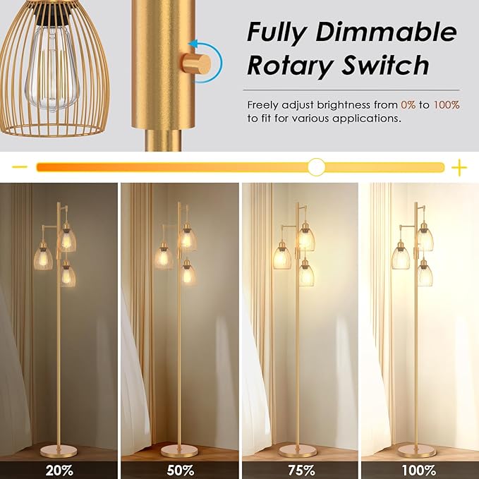 Gold Floor Lamp, Dimmable Industrial Floor Lamp Farmhouse Floor Lamps for Living Room with Cages 70'' Tall Lamp Modern Floor Lamp Standing Lamp for Bedroom Office Living Room 3 LED Bulbs Included - LeafyLoom