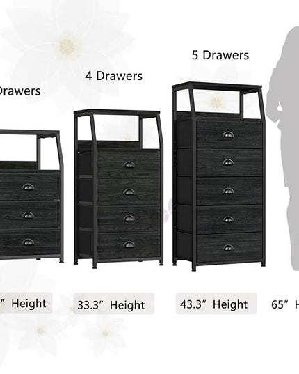 Furnulem Black Dresser for Bedroom, Small Nightstand with 3 Fabric Storage Drawers and 2-Tier Shelf, End Table Side Furniture for Closet, Hallway, Nursery, Sturdy Steel Frame, Wood Top (Black Oak) - LeafyLoom
