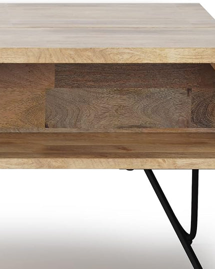 SIMPLIHOME Hunter SOLID MANGO WOOD and Metal 36 inch Wide Rectangle Industrial Contemporary Small Lift Top Coffee Table in Natural, for the Living Room and Family Room - LeafyLoom