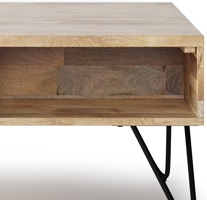 SIMPLIHOME Hunter SOLID MANGO WOOD and Metal 36 inch Wide Rectangle Industrial Contemporary Small Lift Top Coffee Table in Natural, for the Living Room and Family Room - LeafyLoom