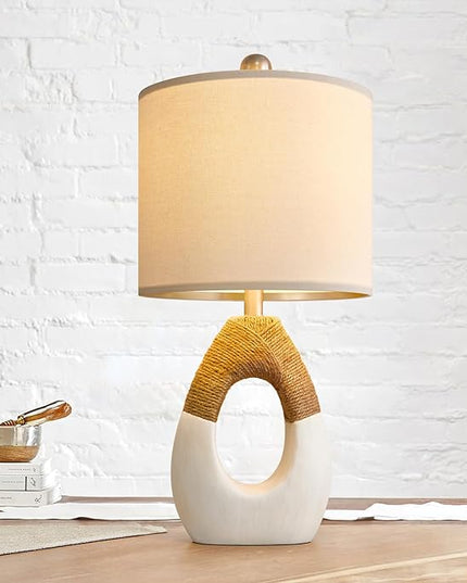 OYEARS 19” Boho Table Lamps Bedroom Living Room Small Farmhouse Rattan Lamp Rustic Egg Design Resin Nightstand Bedside Lamps for Bedroom Living Room Office Study Rest Decor - LeafyLoom