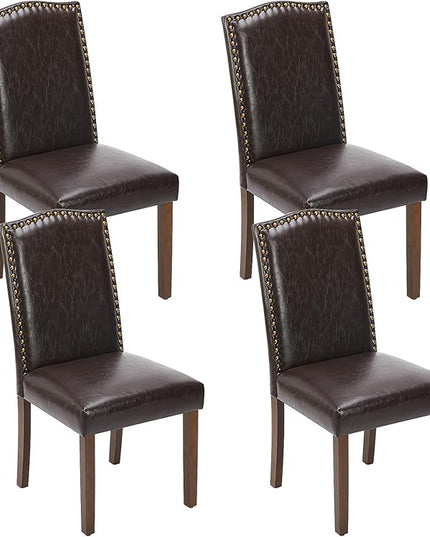 Sweetcrispy Dining Chairs Set of 4, Upholstered Leather Kitchen Room Chairs Mid Century Modern High-End Dining Room Side Chairs with Nailhead Trim and Wood Legs for Bedroom, Living Room, Brown - LeafyLoom