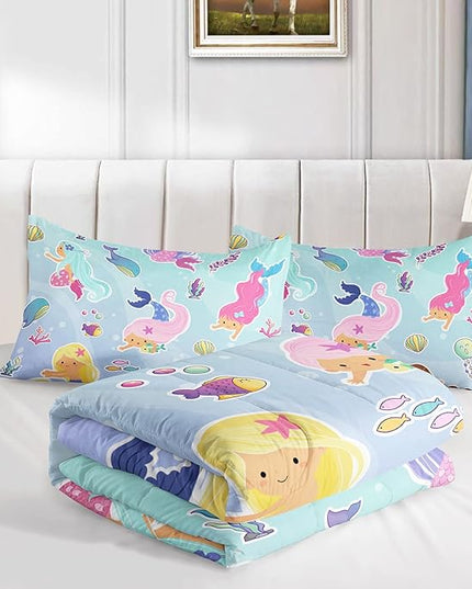 Datura home Mermaid Comforter Set, Kawaii Girls Blue Bedding with 2 Pillowcases, Queen 90x90inches - LeafyLoom