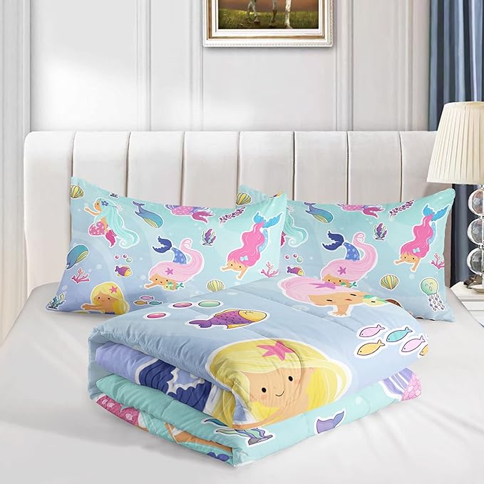 Datura home Mermaid Comforter Set, Kawaii Girls Blue Bedding with 2 Pillowcases, Queen 90x90inches - LeafyLoom
