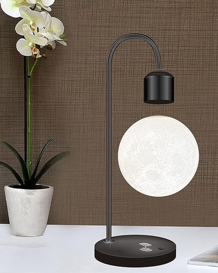 Unique Modern Levitating Moon Lamp with Built-in Qi Wireless Charger, Simplistic and Innovative Design, Warm Decorative LED Light for Home and Office (Black) - LeafyLoom
