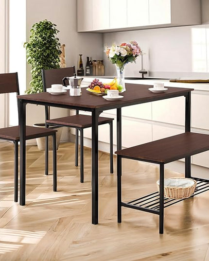 Dining Table Set for 4 Person - Wooden Kitchen Table Chairs Set Modern Dining Table with 2 Chairs and Bench with Storage, PVC Wood Grain Waterproof for Apartments, Restaurants - LeafyLoom