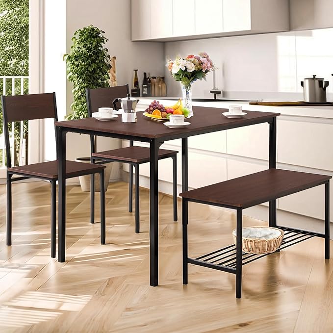 Dining Table Set for 4 Person - Wooden Kitchen Table Chairs Set Modern Dining Table with 2 Chairs and Bench with Storage, PVC Wood Grain Waterproof for Apartments, Restaurants - LeafyLoom