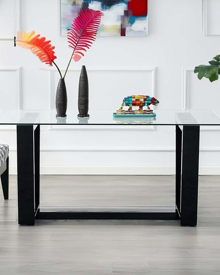 NicBex Glass Dining Table Large Modern Minimalist Rectangular for 6-8 with 0.4" Tempered Glass Tabletop and Black MDF Trapezoid Bracket,for Kitchen Dining Living Meeting Room Banquet Hall, Black - LeafyLoom