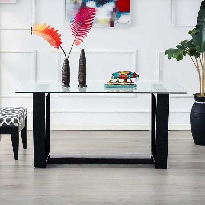 NicBex Glass Dining Table Large Modern Minimalist Rectangular for 6-8 with 0.4" Tempered Glass Tabletop and Black MDF Trapezoid Bracket,for Kitchen Dining Living Meeting Room Banquet Hall, Black - LeafyLoom