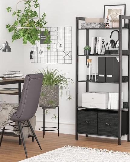 Furologee 5-Tier Bookshelf, Tall Bookcase with 2 Storage Drawers, Industrial Display Standing Shelf Units, Wood and Metal Storage Shelf for Living Room, Bedroom, Home Office, Black Oak - LeafyLoom