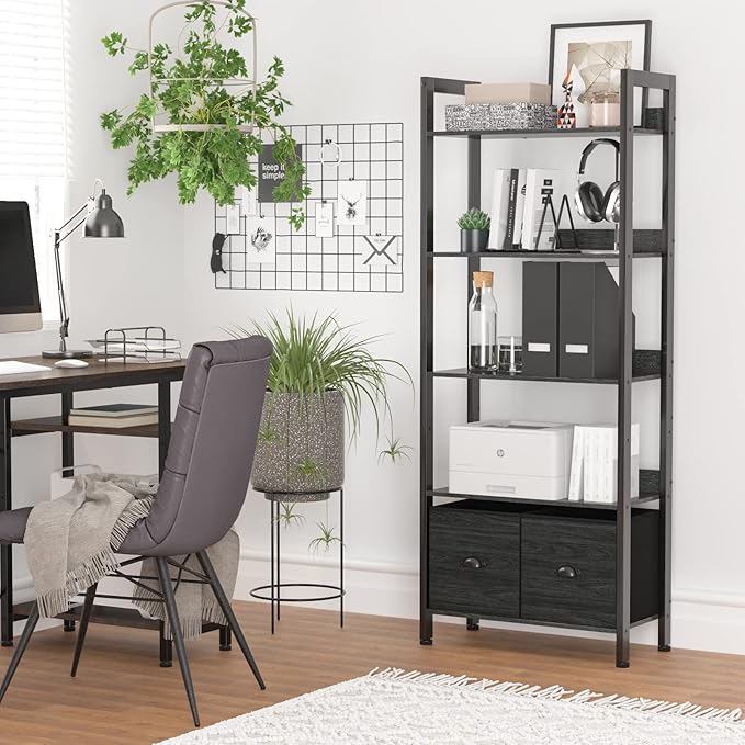 Furologee 5-Tier Bookshelf, Tall Bookcase with 2 Storage Drawers, Industrial Display Standing Shelf Units, Wood and Metal Storage Shelf for Living Room, Bedroom, Home Office, Black Oak - LeafyLoom