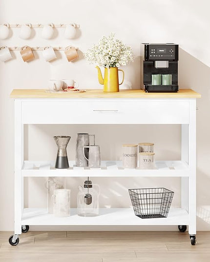 Shintenchi Kitchen Island Cart with Storage,Rolling Kitchen Island Side Table on Wheels with Large Worktop,Storage Cabinet,Towel Rack,Drawers and Open Shelves for Kitchen,Dinning Room,White - LeafyLoom