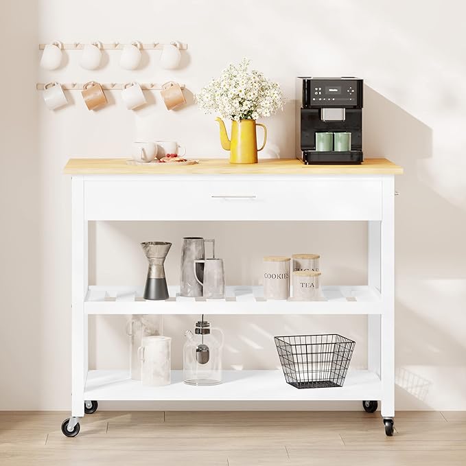 Shintenchi Kitchen Island Cart with Storage,Rolling Kitchen Island Side Table on Wheels with Large Worktop,Storage Cabinet,Towel Rack,Drawers and Open Shelves for Kitchen,Dinning Room,White - LeafyLoom