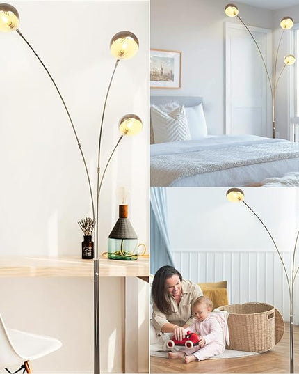 Depuley 3-Light Modern LED Floor Lamp, Adjustable Metal Tall Standing Lamps with Marble Base, Dimmable Arc Floor Lamp with Flexible Rotating Lights for Living Room, Bedroom(Silver, E12 Bulbs Included) - LeafyLoom