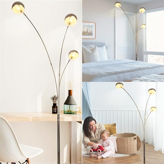 DLLT 3-Light Arc Floor Lamp, 86.6" Chrome Floor Lamps for Living Room, Multi-Head LED Standing Tall Lamp with Adjustable Arms, Modern Tree Floor Lamp for Bedroom, Study, Office, E12 Bulbs Included - LeafyLoom