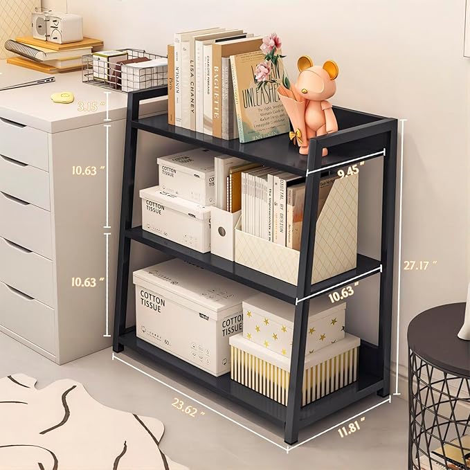 IOTXY 3-Tier Ladder Shelf Bookcase - Wood and Metal Modern Standing Bookshelf, Open Book Shelves Storage Rack, for Home Office, Living Room, Kitchen, Bedroom, Black - LeafyLoom