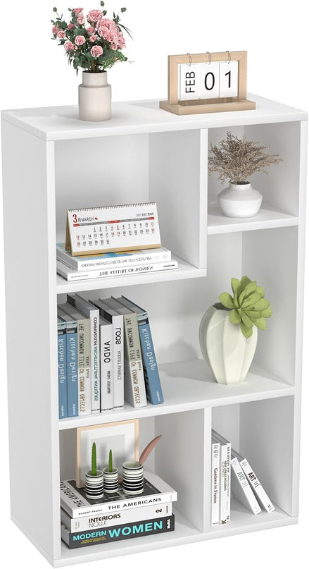 VECELO Small White Bookshelf, 5 Cube Shelf, Fits Tallest Hardcovers, Horizontal Available, Storage Organzier for Home Office, Pearl White - LeafyLoom