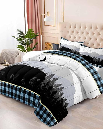 LUVIVIHOME 3PCS Bear Comforter Set King Size, Rustic Cabin Bedding Quilt, Blue Black Plaid Mountain Tree Forest Animal Wildlife Hunting Hunter Lodge Country Farmhouse Bedroom Decor, 2 Pillow Shams - LeafyLoom