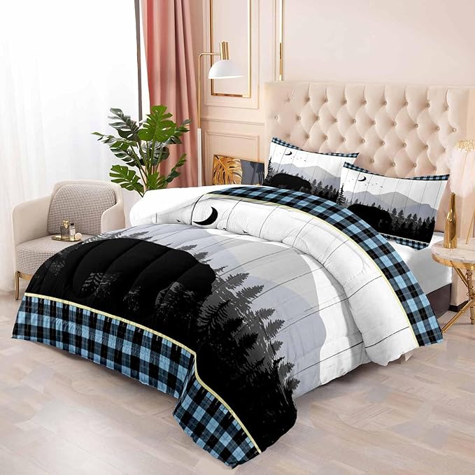 LUVIVIHOME 3PCS Bear Comforter Set King Size, Rustic Cabin Bedding Quilt, Blue Black Plaid Mountain Tree Forest Animal Wildlife Hunting Hunter Lodge Country Farmhouse Bedroom Decor, 2 Pillow Shams - LeafyLoom
