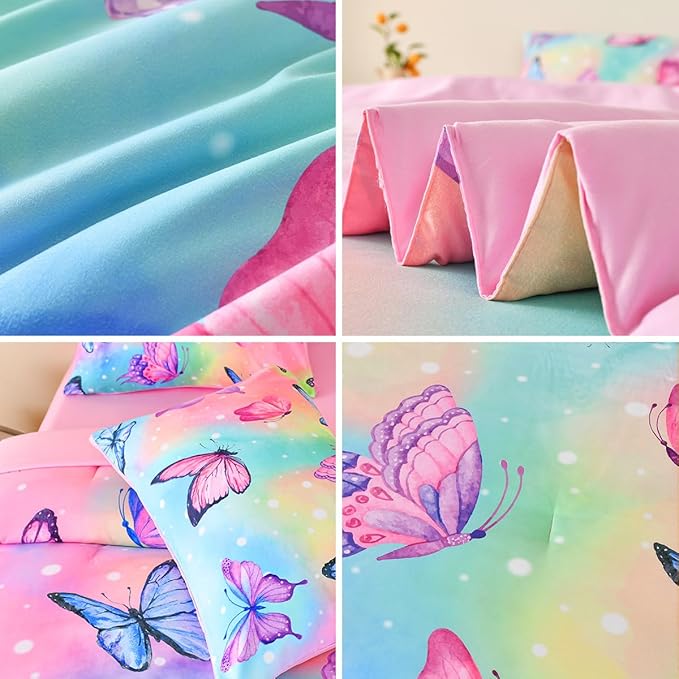 Butterfly Bedding Set Full, Pink Butterfly Comforter Set for Girls Kids Teens 6 pcs Bed in a Bag Full Bedding Sets for Girls - LeafyLoom