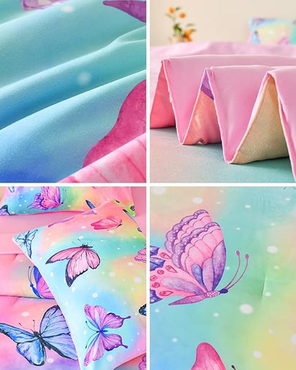 Butterfly Bedding Set Twin, Pink Butterfly Comforter Set for Girls Kids Teens 6 pcs Bed in a Bag Twin Bedding Sets for Girls - LeafyLoom