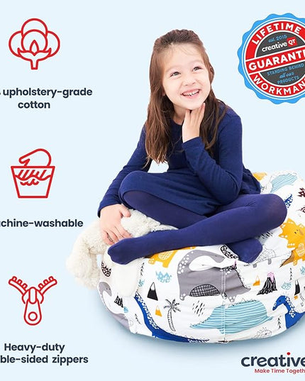 Creative QT Stuff ’n Sit Large 33’’ Bean Bag Storage Cover for Stuffed Animals & Toys – Multicolor Dinosaur Print – Toddler & Kids’ Rooms Organizer – Beanbag Makes Great Plush Toy Hammock Alternative - LeafyLoom
