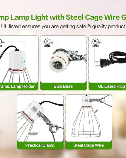 Simple Deluxe Clamp Lamp Light with Steel Cage Wire Grillup to 250W E26 Socket (No Bulb Included), 6' Cord, 2 Pack - LeafyLoom