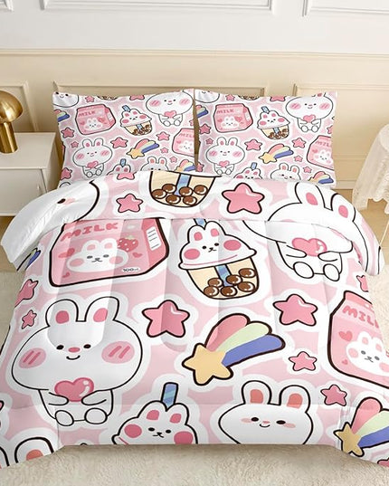 CVHOUSE Kawaii Bedding Full Size,Kawaii Rabbit Bedding Set for Girls Kids,Cute Rabbit Comforter Set Kawaii Rabbit Duvet Set Rabbit Pattren Quilt Set Girls Room Decor 3 Pieces - LeafyLoom