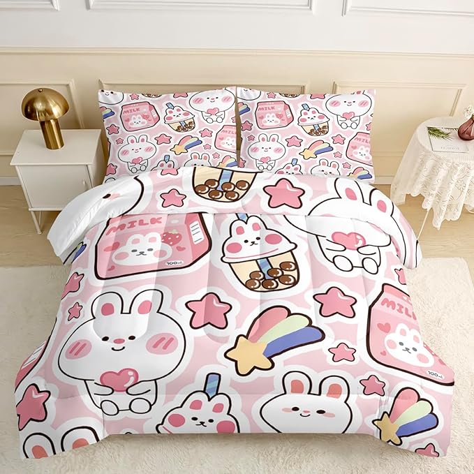 CVHOUSE Kawaii Bedding Full Size,Kawaii Rabbit Bedding Set for Girls Kids,Cute Rabbit Comforter Set Kawaii Rabbit Duvet Set Rabbit Pattren Quilt Set Girls Room Decor 3 Pieces - LeafyLoom