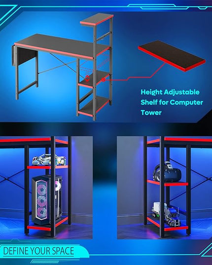 Bestier Gaming Desk with LED Lights, 44 Inch PC Gamer Desk for Small Spaces, Computer Desk with Reversible Storage Shelves & Side Storage Bag (Black 3D Carbon Fiber) - LeafyLoom