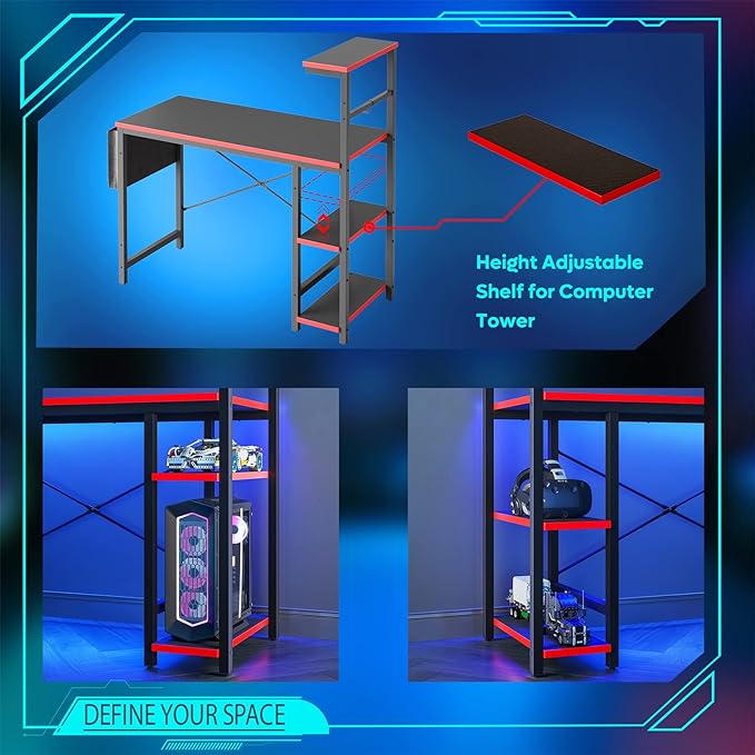 Bestier Gaming Desk with LED Lights, 44 Inch PC Gamer Desk for Small Spaces, Computer Desk with Reversible Storage Shelves & Side Storage Bag (Black 3D Carbon Fiber) - LeafyLoom