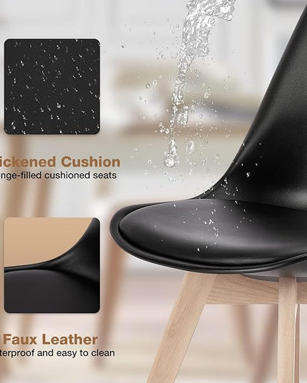Sweetrcrispy Dining Chairs Set of 4, Kitchen Room PU Leather Mid Century Modern Chairs, Upholstered Dining Desk Chairs with Wood Legs for Home Office, Black - LeafyLoom