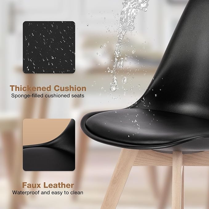 Sweetrcrispy Dining Chairs Set of 4, Kitchen Room PU Leather Mid Century Modern Chairs, Upholstered Dining Desk Chairs with Wood Legs for Home Office, Black - LeafyLoom
