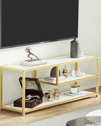 Function Home TV Stand for TVs up to 55 Inch, 3 Tier Entertainment Center, Media Console with Open Storage Shelves for Living Room Bedroom, 47” Modern TV Table with Faux Marble Top Gold Metal Leg - LeafyLoom