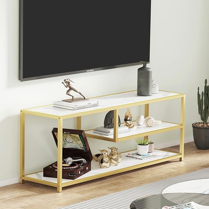 Function Home TV Stand for TVs up to 55 Inch, 3 Tier Entertainment Center, Media Console with Open Storage Shelves for Living Room Bedroom, 47” Modern TV Table with Faux Marble Top Gold Metal Leg - LeafyLoom