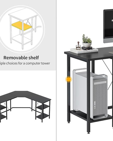 BANTI L Shaped Desk with Shleves, 60" Large Corner Desk with Two Storage, Space Saving, Easy to Assemble, Black - LeafyLoom