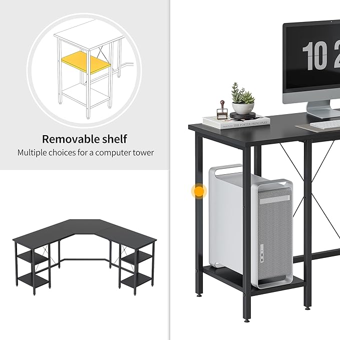 BANTI L Shaped Desk with Shleves, 60" Large Corner Desk with Two Storage, Space Saving, Easy to Assemble, Black - LeafyLoom