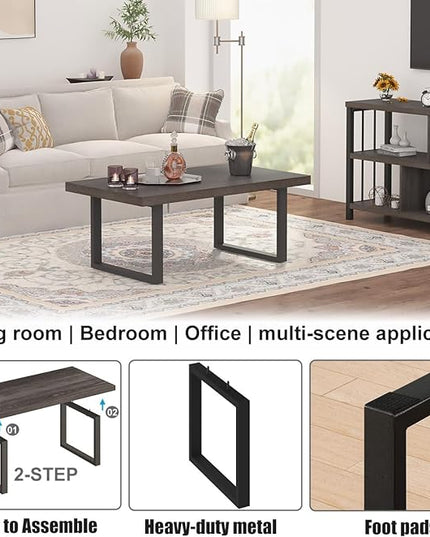 IBF Industrial Grey Coffee Table, Modern Simple Wood and Metal Center Table, Minimalist Rectangle Wooden Living Room Table, Vintage Rustic Cocktail Tea Table for Home Bedroom, Dark Gray Oak, 39 inch - LeafyLoom
